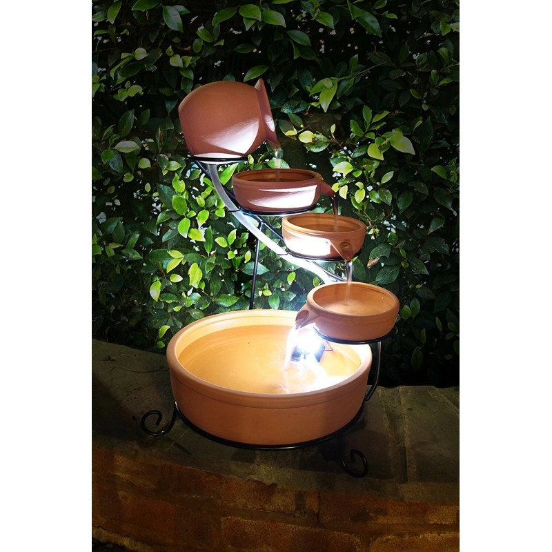 ASC Cascade Ceramic Solar Water Fountain w/ Battery/Timer LED Lights