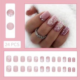 Pink Christmas Press on Nails Short Square Fake Nails Matte Glitter Designs False Nails Snowflake Diamonds Full Cover Glossy Stick on Nails for Women Girls Autumn and Winter Nails Decoration 24Pcs