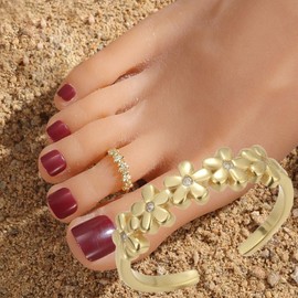 Daisy Toe Ring for Women 925 Sterling Silver Gold Plated Chunky CZ Flower Open Band Wrap Cuff Nail Ring Adjustable Minimalist Huggie Floral Small Simple Summer Beach Foot Jewellery Gifts