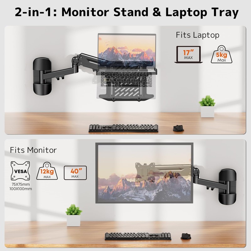 PUTORSEN 2-in-1 Laptop Wall Mount, Gas Spring Arm for 10-17