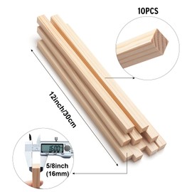 Square Wooden Dowel Rods Wood Sticks for Crafting, 10 PCS 1.6 x 30cm Square Wooden Dowels Wood Craft Sticks, Unfinished Hardwood Wood Strips for Woodworking, Crafting, Arts and DIYers, Model Making