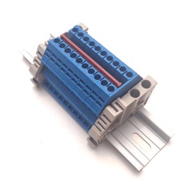 Dinkle Power Distribution DK2.5N-BL 10 Gang Box Connector DIN Rail Terminal Blocks, 12-22 AWG, 20 Amp, 600 Volt Solar Combiner Blue