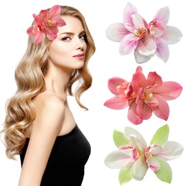 3 Pcs Hawaiian Flower Hair Clips, Orchid Hair Clips for Women, Bohemian Flower Hair Clip for Wedding, Bridal Bouquets, Beach Parties and Special Occasions