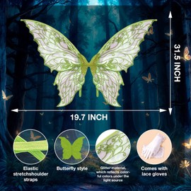 YKW Fairy Wings for Women with Lace Gloves, Large Butterfly Cosplay Wings, Iridescent Costume Wings for Party Photography Props Adult Dress Up Accessories (Green)