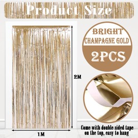 2pcs Champagne Gold Glitter Tinsel Curtains, 1 * 2m Shimmer Party Foil Door Curtains with Metallic Fringe Tassel Tinsel Backdrop for Birthday Wedding Xmas Party Décor