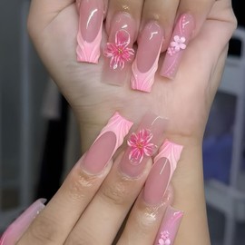 Press on Nails Long Square Fake Nails FrenchTip False Nails with 3D Flower Designs Glue on Nails Pink Glossy Artificial Nails Cute Stick on Nails for Women 24pcs