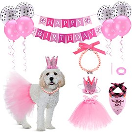 Ownpets Cute Dog Birthday Outfit Set, Princess Puppy Tutu Skirt with Pink Crown, Pearl Necklace, Double Sided Saliva Towel & Birthday Banner for Puppy, Dog, Cat Girl Birthday Parties