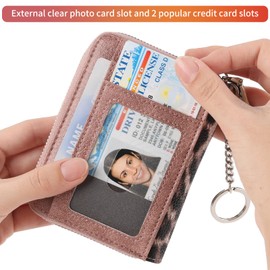 SENDEFN Women's Small Credit Card Holder with RFID Protection, Small Card Holder Wallet with 16 Compartments, Leather Card Holder with Zip and Key Ring, Pink Leopard, Modern