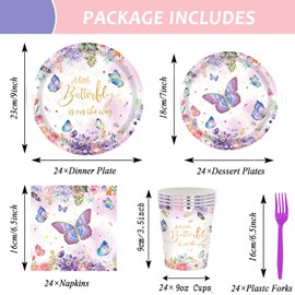 P PIPITA 120 Pieces Outer Space Butterfly Themed Party Tableware Decorations - 24pcs Plates, Napkins, Cups, Forks, 1 Tablecloth - Blue, Black, Purple - Birthday Occasion