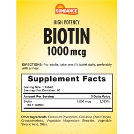 Sundance High Potency Biotin 1,000 mcg Supplement | Essential B Vitamin Tablets | Vegetarian, Non-GMO & Gluten Free