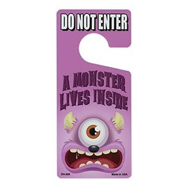 Crazy Novelty Guy Door Knob Hanger, Metal, Do Not Enter, A Monster Lives Inside (Girls, Pink), 4" x 9" Premium Quality Aluminum Door Hanger