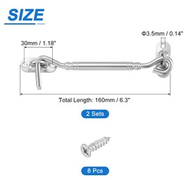 sourcing map 2Pcs 6" Hook and Eye Latch, Barn Door Lock Stainless Steel Cabin Hook Privacy Door Gate Hooks for Window Sliding Door Fence Shed, Silver