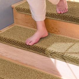 Brakki Fiber and Rubber Wood Stair Treads, Non Slip, Edging Protectors, Easy to Clean, 29.5"x9.5"x1.5", 7pcs, Beige