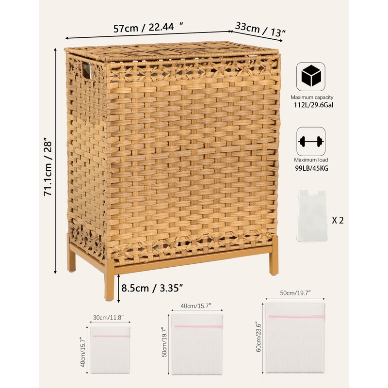 SETVSON Laundry Hamper with Lid, 112 L Handwoven Rattan Wicker