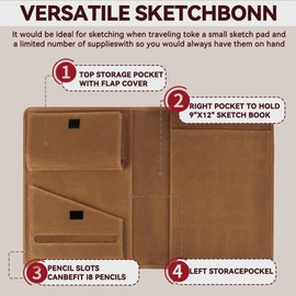 Plinyvel Sketchbook Cover for Travel with Pencil Holder - Waxed Canvas Organizer Compatible with 9x12 Sketch Book & 8.5x11 Spiral Pad | Art Supply Storage for Drawing Pens, Pencils (Brown)