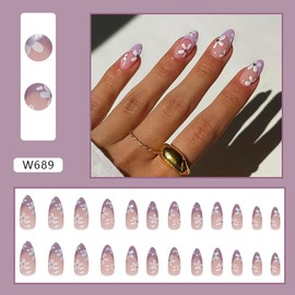 Vezocim Press on Nails Almond with Flower Designs, 24Pcs Artificial Short Purple Fake Nails with Glue, Full Cover Glossy Acrylic Floral False Nails, Stick on Fingernails for Women (W689)