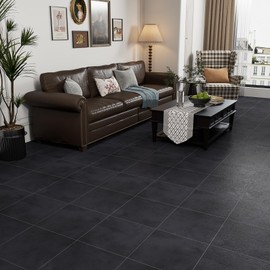VaryStyle Peel and Stick Floor Tiles - 18 Sheet Waterproof Vinyl Flooring 12"x12" - Black Concrete Self Adhesive Removable Thick Tiles for Bathroom, Kitchen, Living Room