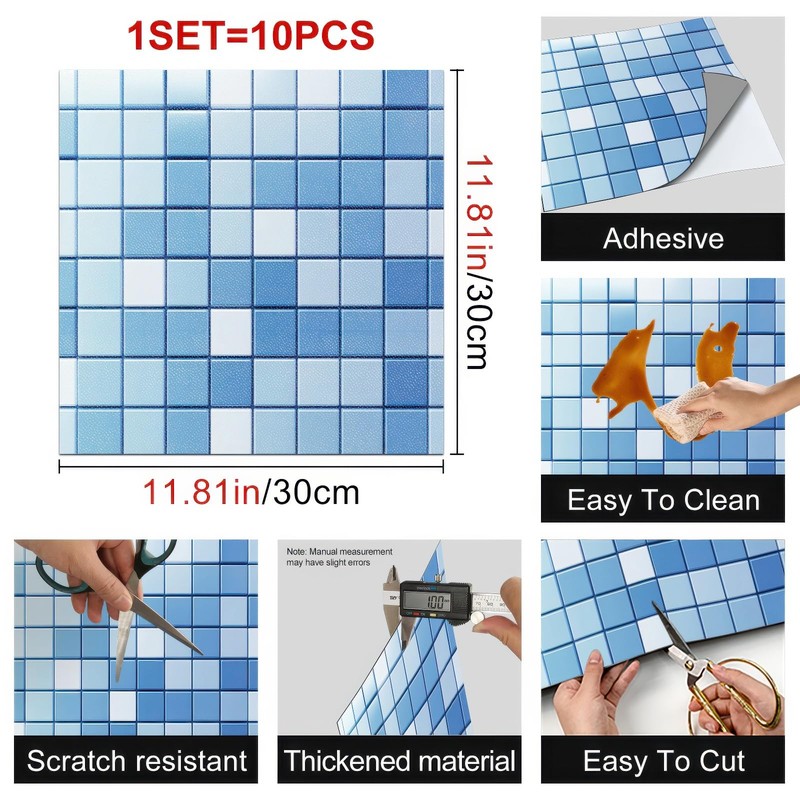 HOMETITUTE 10PCS 12x12 Inch Blue White Mosaic Textured Flat Surface