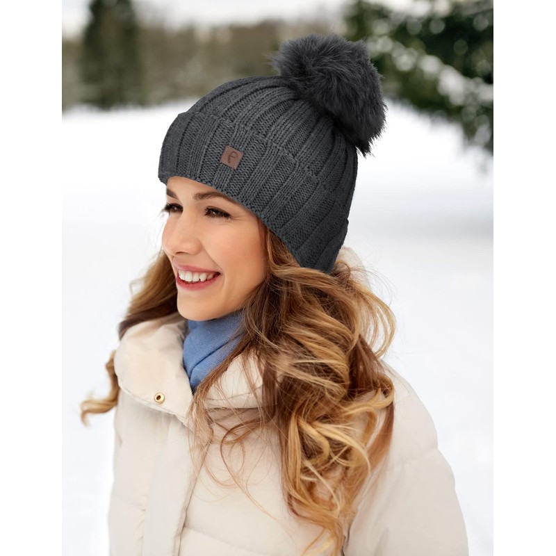 Faera Bobble Hat Women's Lined Winter Hat Knitted Hat Girls