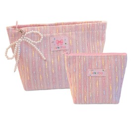 PLOPONOM 2 Pieces Travel Makeup Bag,Large Capacity Cosmetic Bags for Women，Pink Macarons Polyester Cosmetic Organizers,Portable Toiletry Bag,Seal with Pearl Zipper,Pearl Bow Charm