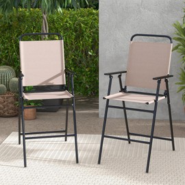 Tangkula Modern Outdoor Folding Bar Stool Set of 2, Patio Dining Chairs with Breathable Fabric & Metal Frame, Portable Bar Chairs for Backyard Poolside Balcony