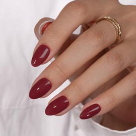 KQueenest Dark Red Press on Nails Short Oval, Short False Nails with Glue, Opaque Solid Dark Burgundy Red Fake Nails Press ons, Reusable Soft Gel Stick on Nail for Women Decoration, 24 Pcs