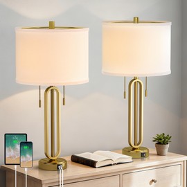 HIGHTRY 26.5" Set of 2 Industrial Table Lamps with USB C+ A Ports, Gold Metal Bedside Lamps, Pull Chain, Modern Farmhouse Nightstand Lamp for Bedroom, Living Room, Home Office with White Shade