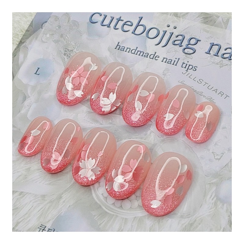 Cherry Blossom Petal Handmade Nail Tips - Square L /