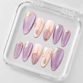 Zfans Almond Shape DreamWear Collection - 100% Handcrafted 3D Press-On Nails | Reusable, Long-Lasting, Salon-Quality Mint Bloom Eco-Friendly Nail Art Set:_Midsummer Night_m