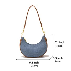 Small Vegan Leather Crescent Shoulder Bag for Women Zipper Underarm Small Purses Quilted Handbag with Denim Blue Pocket (Blue)