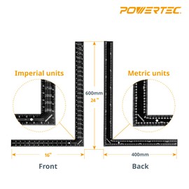 POWERTEC Framing Square, 16 x 24 Inch Steel Carpenter Square with Rafter Tables, Framing Tools & Right Angle Ruler for Carpenter, Woodworking, Construction (80036)