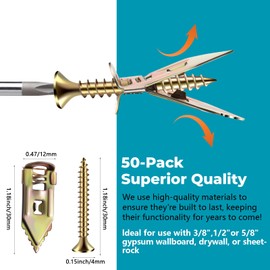 100Pcs Upgraded Self Drilling Drywall Anchors with Screws Kit(50 Manganese Sheetrock Anchors (0.47X1.18inch), 50 Zinc Plated Screws, 50 Wahser), Metal Expansion Anchors for Wall Decors, No Drill Hole