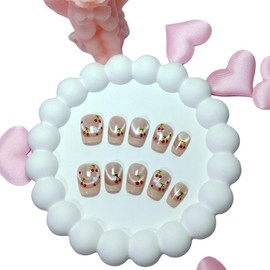 Medium Square Press on Nails French Tip Handmade False Nails with Designs/Charms, Y2k Short Coffin Reusable Fake Nails (Cherry+Pink Cat Eye, S)