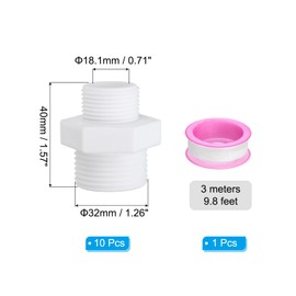 PATIKIL PVC Pipe Fittings Nipple G 1 x G 3/4, 10 Pcs Male to Male Thread Coupling Adapter Hex Straight Connector with Plumber Tape for Water Tanks, White