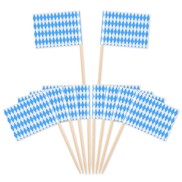 Sunshane 200 Pack Oktoberfest Picks Bavarian Flag Cupcake Topper Picks Toothpick Flags for Oktoberfest Party Decorations, 2.56 x 1.38 Inches (Blue and White)
