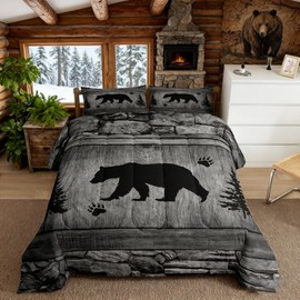 Manfei Rustic Bear Comforter Set Queen Size, Black Trees Deer Paw Print Down Comforter with 2 Pillowcases, Grey Wooden Plank Bedding Set 3pcs for Kids Boy Bedroom Decor Wild Animal Duvet Insert