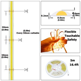 GOMING 24V COB LED Strip Light Warm White 3000K 5M/16.4ft 2400LEDs Waterproof IP65 Uniform Glow CRI 93+ Flexible LED Tape Lights for DIY Cabinet Bedroom Kitchen Home Decor(No Power Supply)