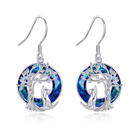 Cat Earrings 925 Sterling Silver Tree of Life Crystal Dangle Drop Earrings Animal Cat Jewelry for Women Cat Lover