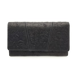 Genuine Leather Women's Wallet Floral Embossed with RFID/NFC Protection, black, Contemporary