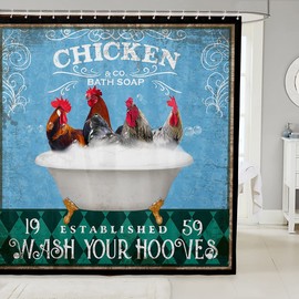 Chicken Shower Curtain for Bathroom Kids Retro Funny Farm Animal Bathroom Shower Curtain Set Girls Vintage Farmhouse Rooster Bath Curtain Blue Green Diamond Geometric Bathroom Accessories 72"x72"