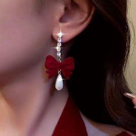 TseenYi Vintage Red Velvet Bow Earrings Bow Velvet Bands Earrings Gold CZ Pearl Tassel Earrings Bowknot Drop Earrings Small Pearl Beadeds Earrings Jewellery for Women and Girls