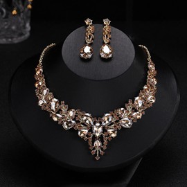 GKMJ Conjunto de Joyería para Mujer, Collar Mujer, Conjunto de Collar y Pendientes de Cristal de Boda, Nupcial Gargantilla Collares Colgante Joyas para Mujeres y Novias (Dorado)