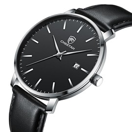 CHEETAH Minimalist Waterproof Quartz Watches for Men with Silver-Tone Case, Auto Date, Leather Strap in Black