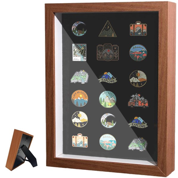 Umora Pin Badge Storage Frame Brooch Badge Felt Display Dustproof Transparent Window Brooch Pin 2-Way Hollow Frame Type Collection Case (Walnut, 8.6 x 7.0 inches (21.9 x 17.8 cm)