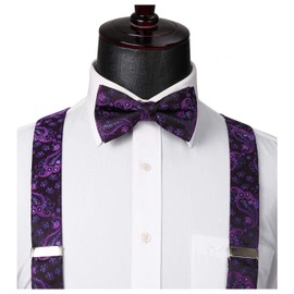 HISDERN Purple Bow Tie and Suspenders for Men Adjustable Paisley Floral Suspenders Pocket Square Sets Y Shape 6 Clips Wedding Party Braces