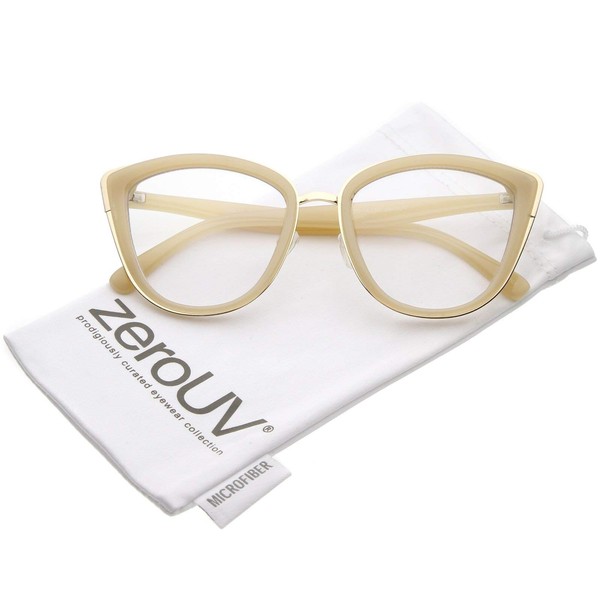 zeroUV - Oversize Rimmed Metal Frame Clear Lens Cat Eye Glasses 55mm (Creme Gold/Clear)