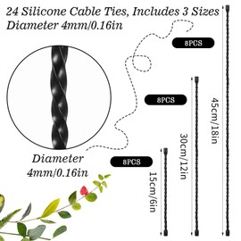 24 Pcs Black Silicone Cable Ties 6inch/12inch/18inch Reusable Silicone Twist Cable Tie Straps for Bundling and Organizing, Bendable Steel-Core Holder Ties Strap for Indoor and Outdoor All Purpose