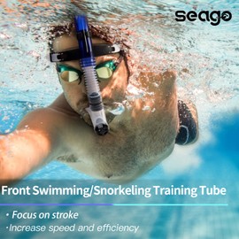 Seago Swim Snorkel for Lap Swimming, Dry Top Front Swimmer Gear for Adult Youth, Training Equipment in Pool and Open Water with Food-Grade Silicone Mouthpiece Comfy Easy to Adjust Head Pads