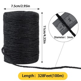 3mm 328 Feet Black Natural Jute Twine, for Crafts Gift, Craft Projects, Wrapping, Bundling, Packing, Holiday Packaging Twine, Gardening and More, Jute Rope to Use Around The House and Garden