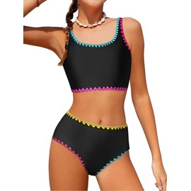 Magwei Teen Girls Swimsuits Two Piece Girls Bathing Suit Adjustable Shoulder Straps Bikini Sets with Chest Pad Size 9-16 Years (US, Age, 13 Years, 14 Years, Black)